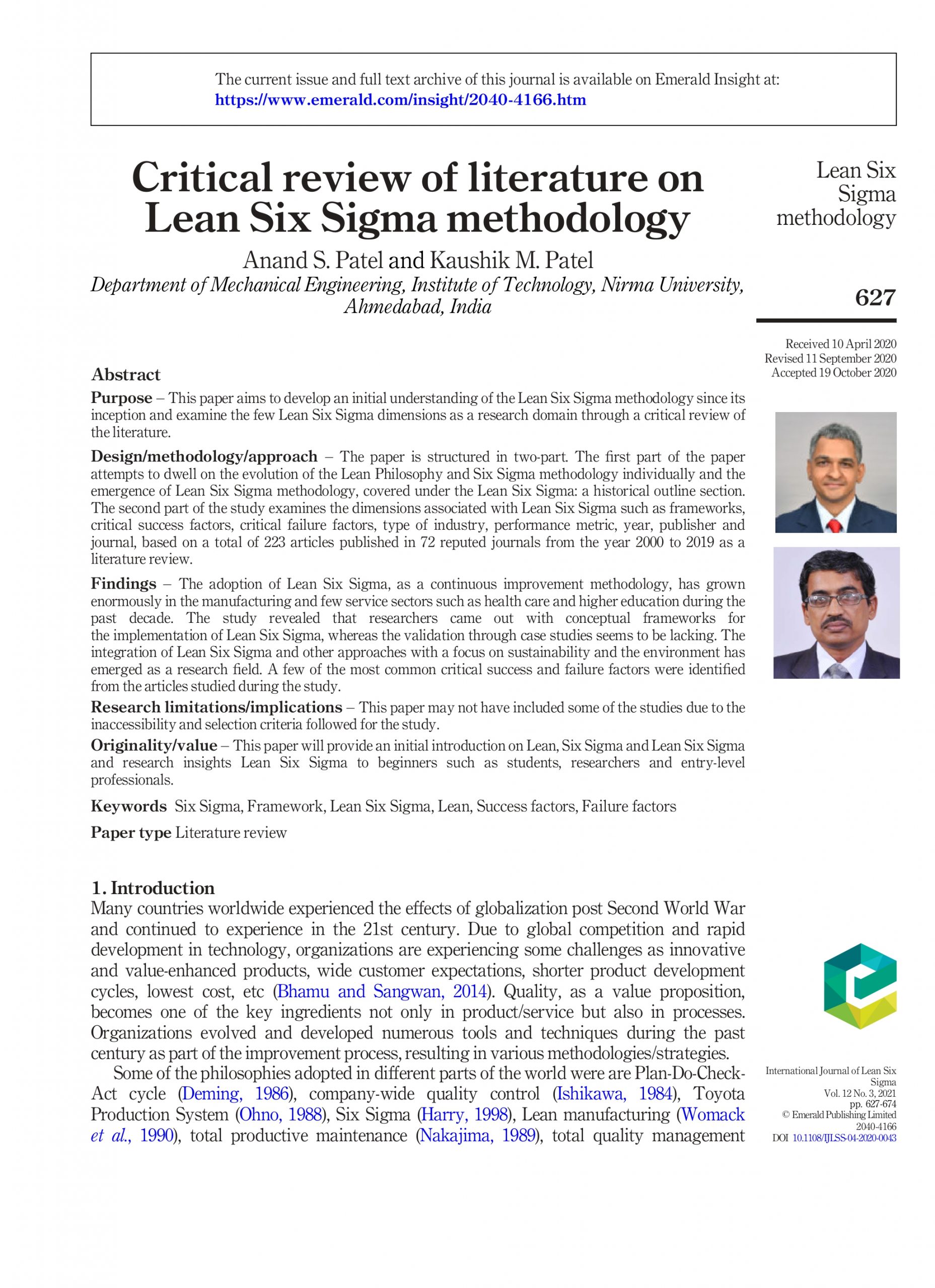 Critical review of literature on Lean Six Sigma methodology