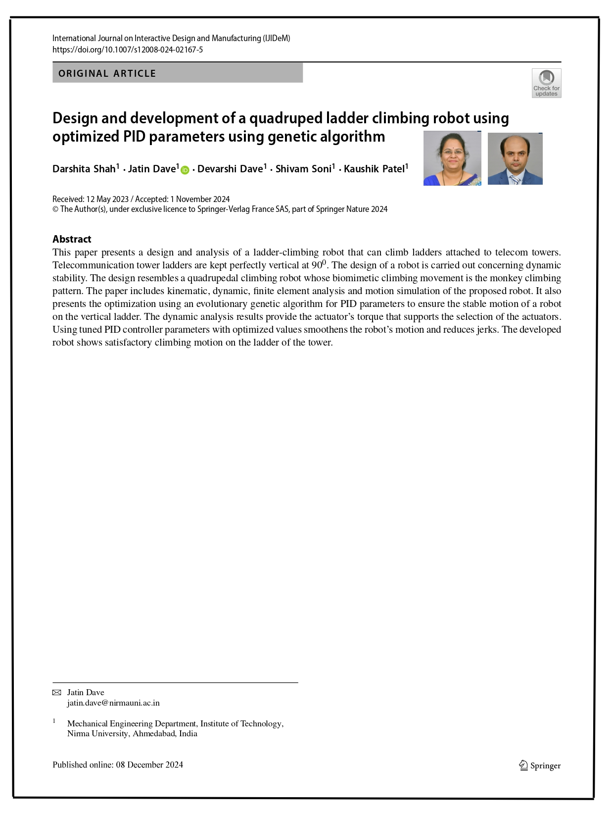 Design and development of a quadruped Ladder climbing Robot with optimising PID parameters using a Genetic Algorithm