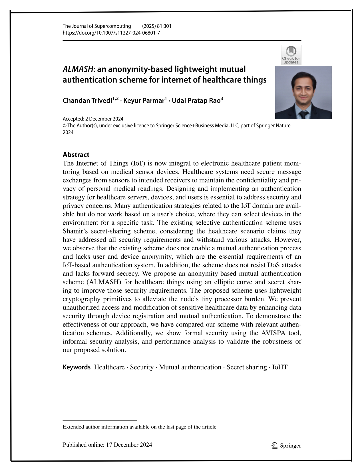 ALMASH: an anonymity-based lightweight mutual authentication scheme for internet of healthcare things