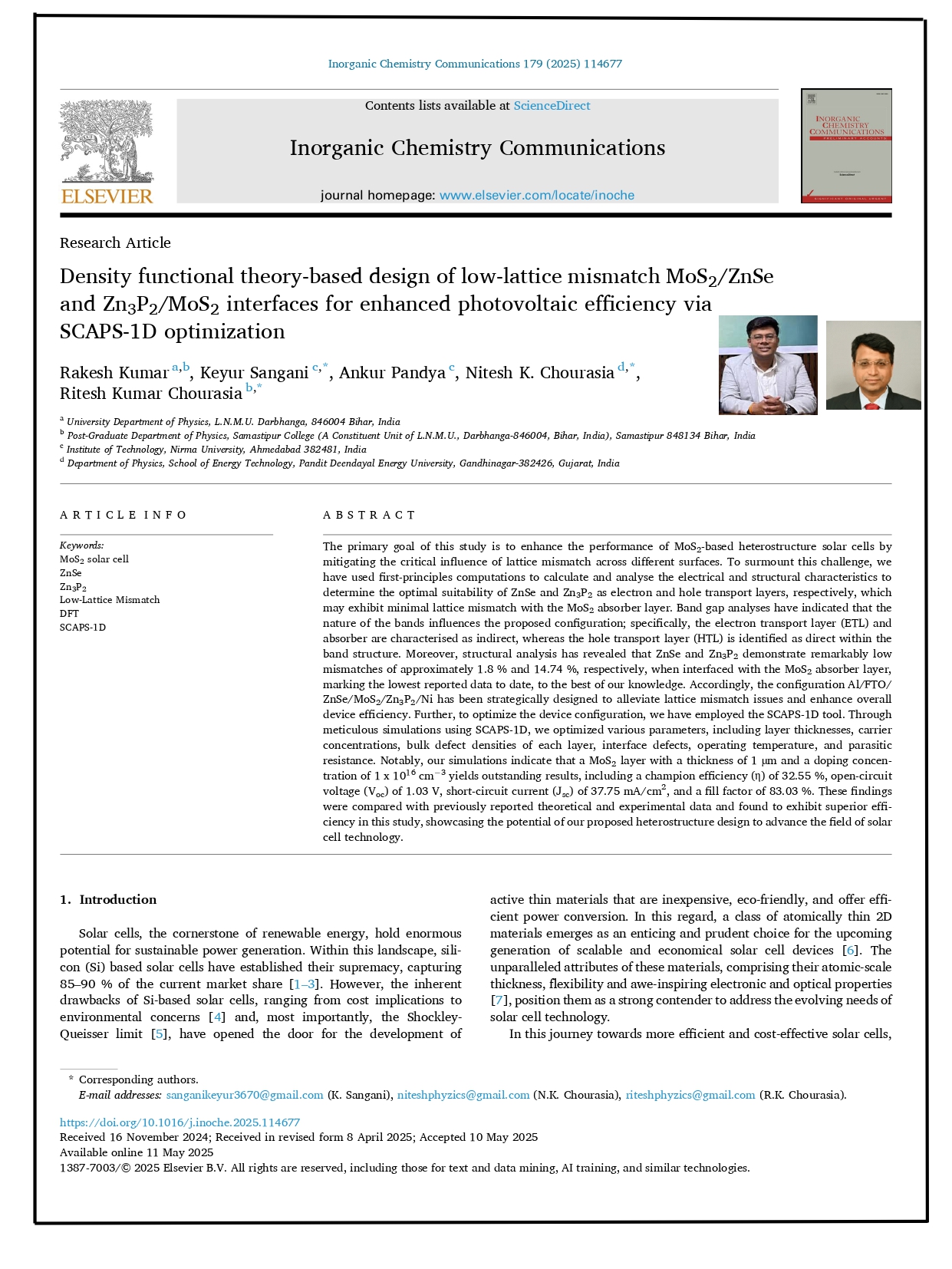 Density functional theory-based design of low-lattice mismatch MoS2/ZnSe and Zn3P2/MoS2 interfaces for enhanced photovoltaic efficiency via SCAPS-1D optimization