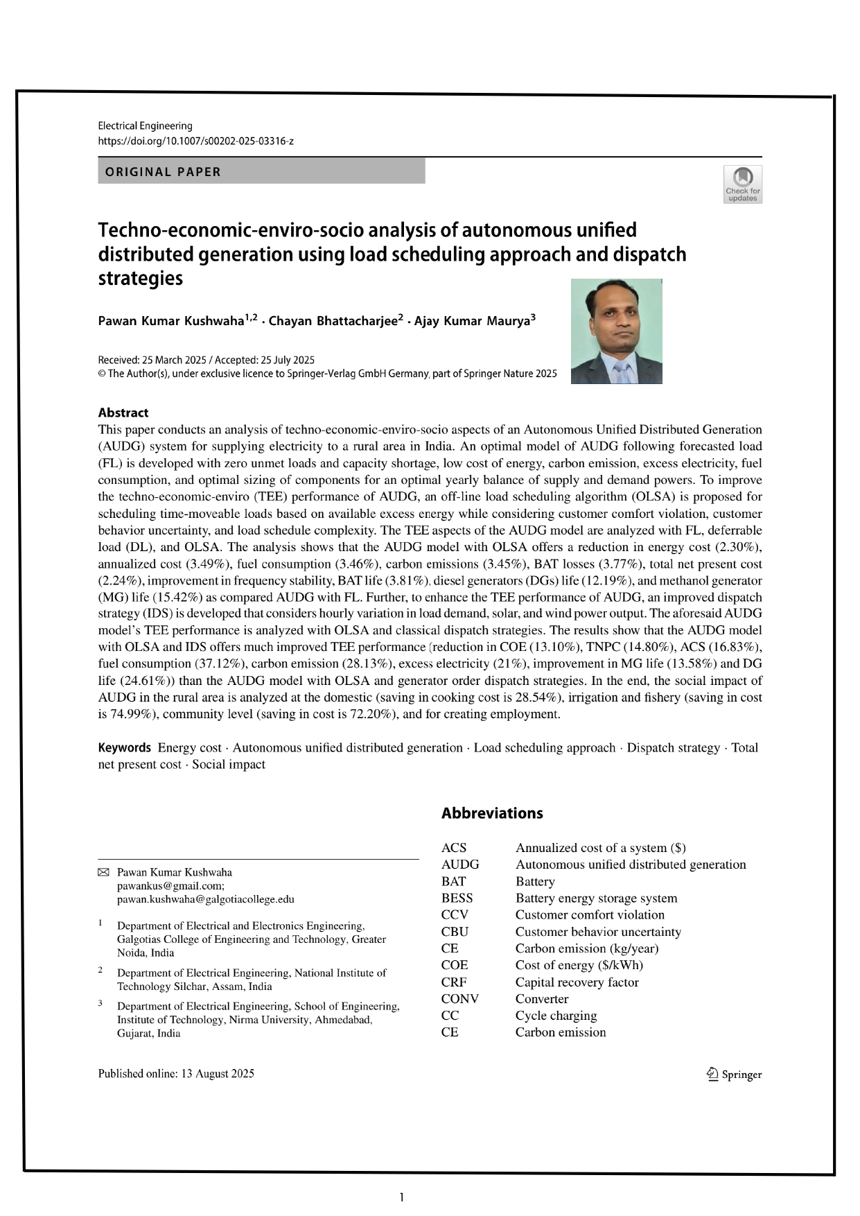 Techno-economic-enviro-socio analysis of autonomous unified distributed generation using load scheduling approach and dispatch strategies
