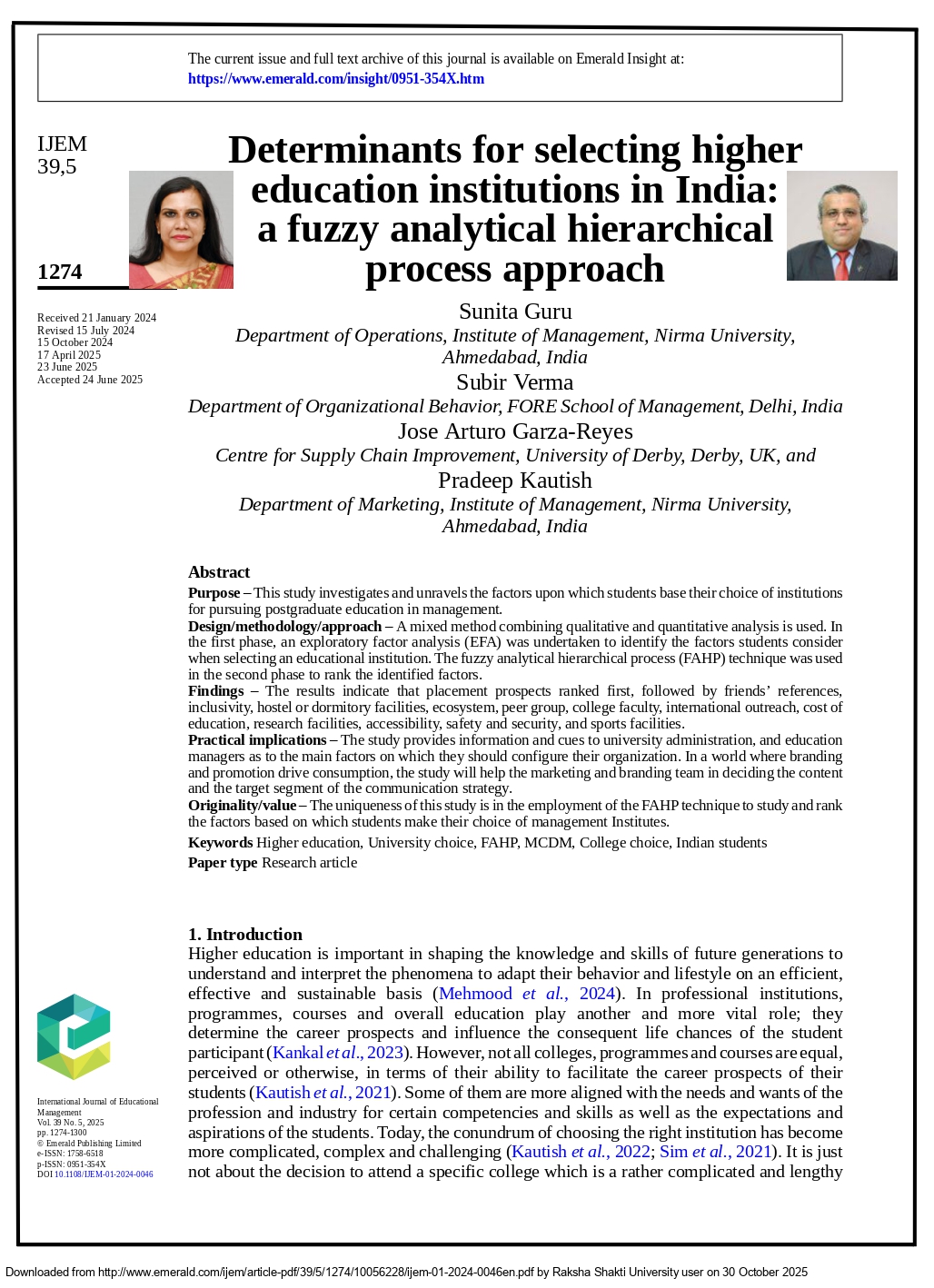 Determinants for selecting higher education institutions in India: a fuzzy analytical hierarchical process approach
