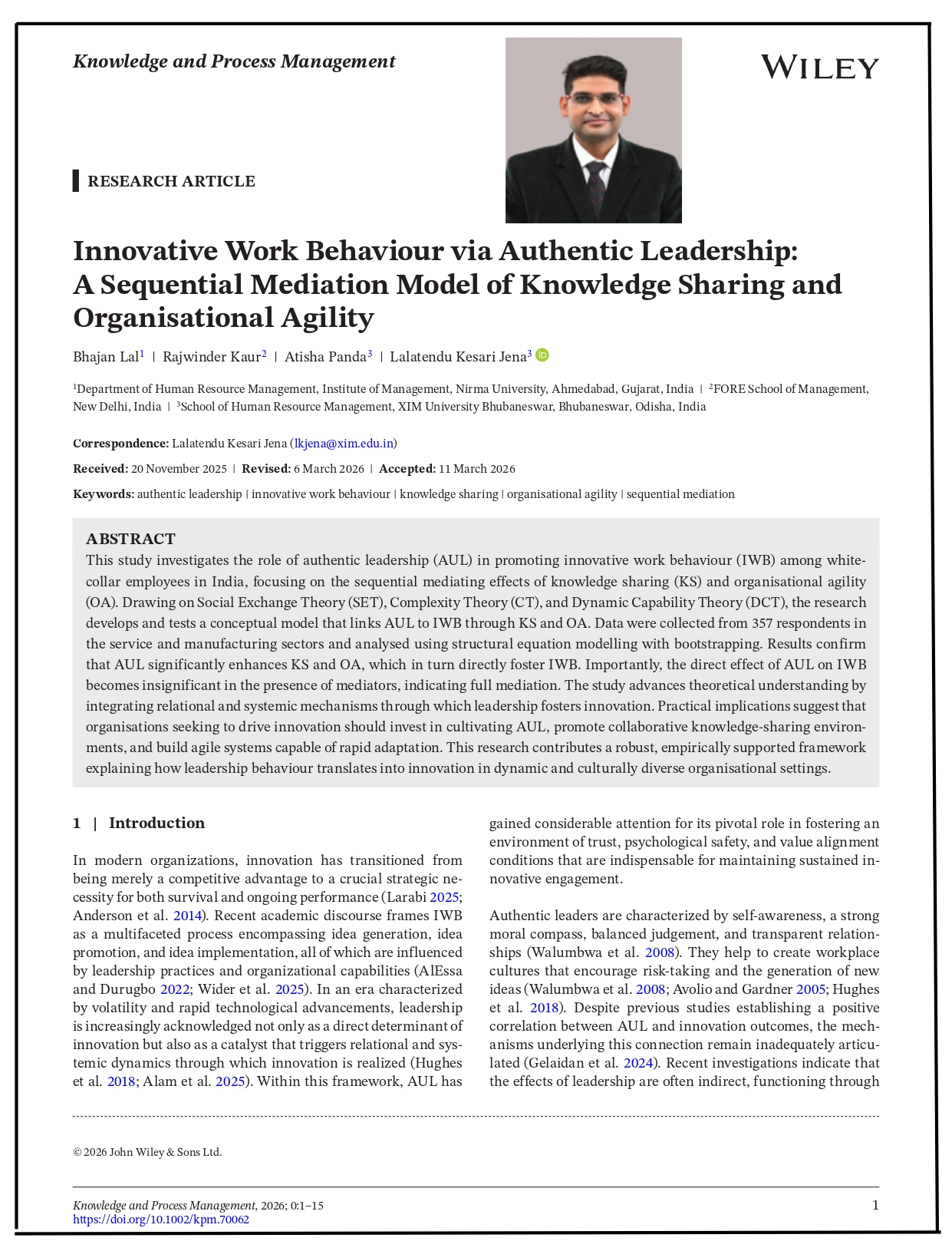 Innovative Work Behaviour via Authentic Leadership: A Sequential Mediation Model of Knowledge Sharing and Organisational Agility