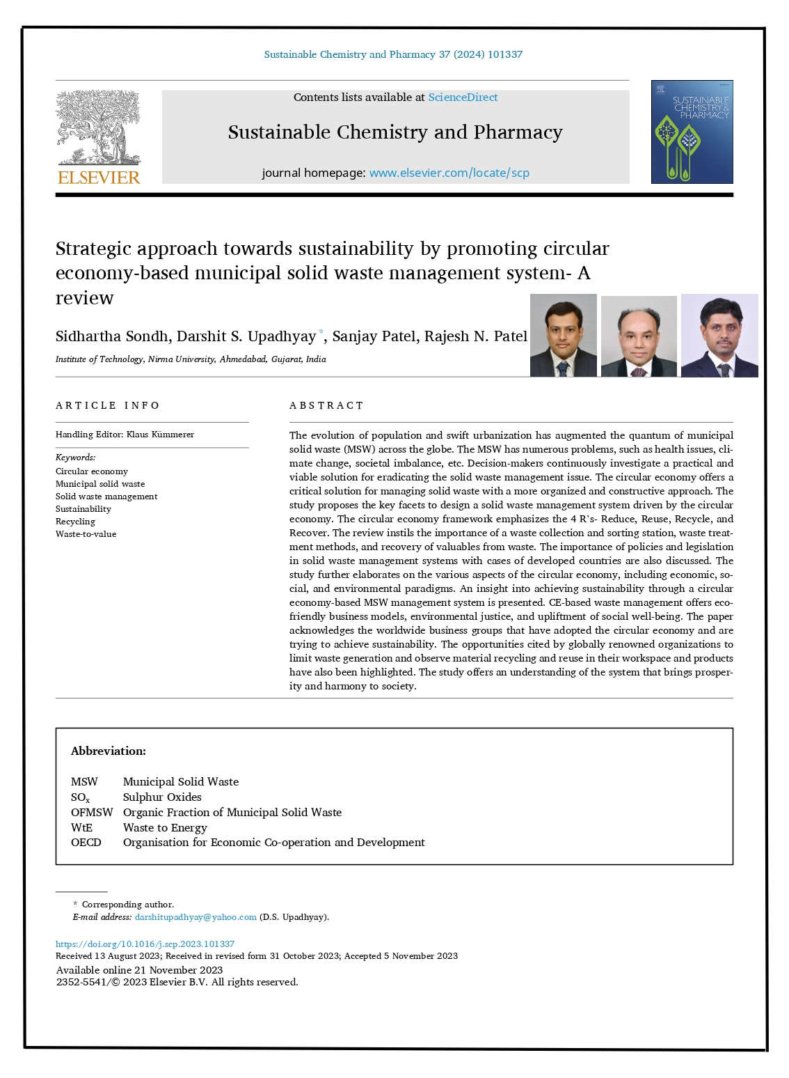 Strategic approach towards sustainability by promoting circular economy-based municipal solid waste management system- A review