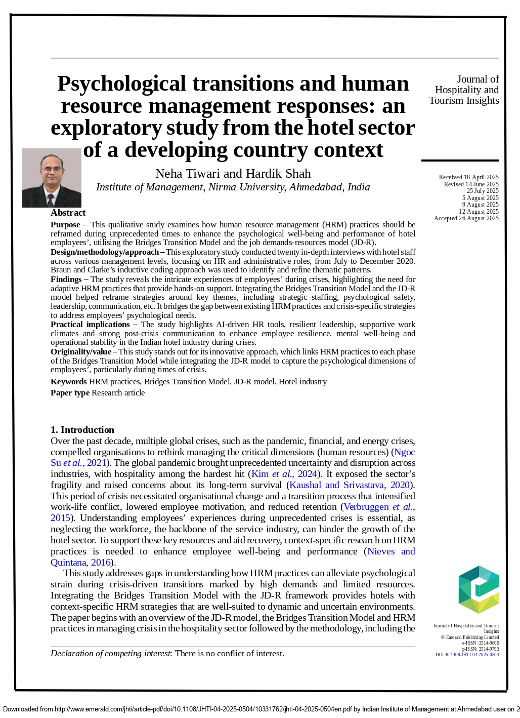 Psychological Transitions and Human Resource Management Responses: An Exploratory Study from The Hotel Sector of a Developing Country Context