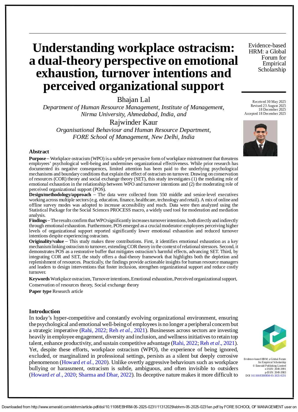 Understanding Workplace Ostracism: A Dual-Theory Perspective on Emotional Exhaustion, Turnover Intentions and Perceived Organisational Support